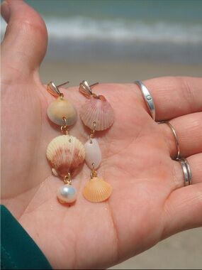 Handmade Seashell Drop Earrings with Pearl Accent - Pink & Cream